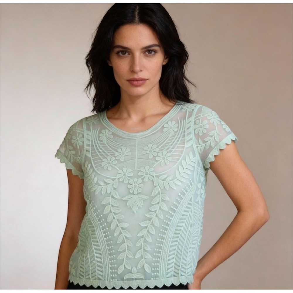 Express Lace Overlay Top Mint Green Short Sleeve Scalloped Hem Womens Size M‎